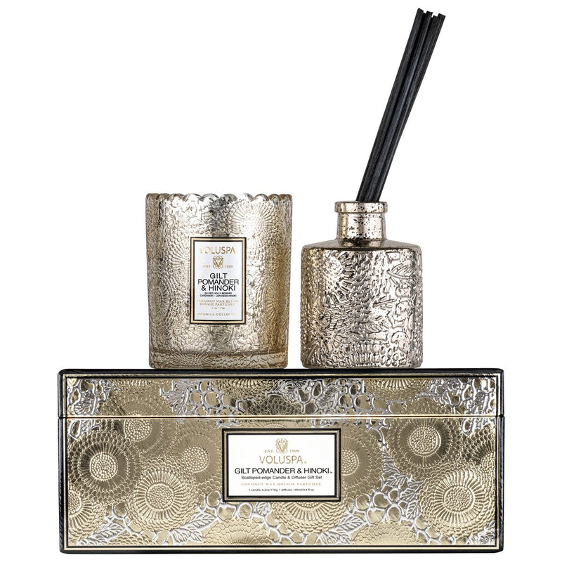 Gilt Pomander & Hinoki Candle Diffuser Set